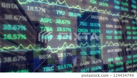 Image of stock market and diagrams over cityscape 124434749