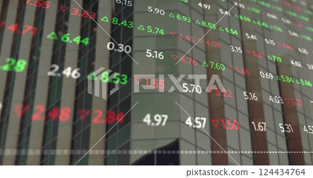 Image of stock market and diagrams over cityscape 124434764