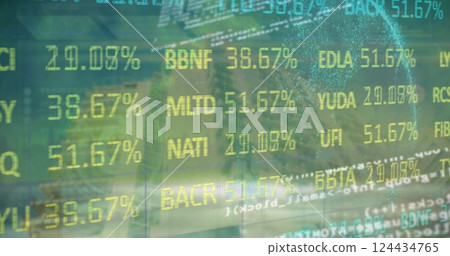 Image of stock market and globe with data processing over cityscape Image of stock market and globe with data processing over cityscape 124434765