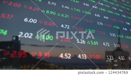 Image of stock market and diagrams over cityscape 124434769