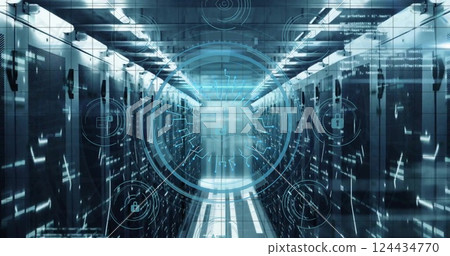 Image of cyber security text and digital data processing over computer servers 124434770