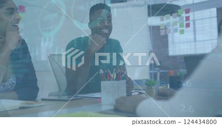 Image of financial data processing over diverse business people in office Image of financial data processing over diverse business people in office 124434800