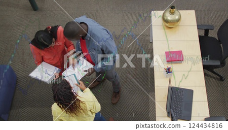 Image of data processing and diagrams over diverse colleagues talking in office Image of data processing and diagrams over diverse colleagues talking in office 124434816