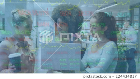 Image of financial data processing over diverse business people in office 124434817