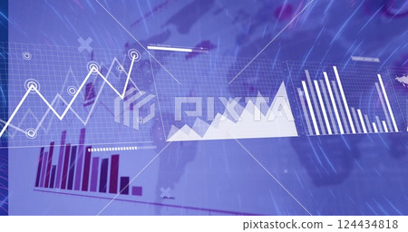 Image of data processing and diagrams over neon shapes Image of data processing and diagrams over neon shapes 124434818