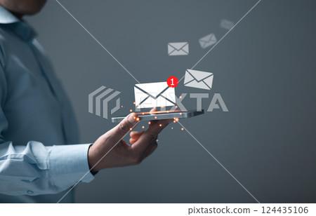 Business people touch on email in virtual screen. Inbox receiving electronic message alert. New email notification concept for business e-mail communication and digital marketing. campaign online. 124435106