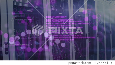 Image of data processing and dna strand over server room 124435123