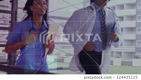 Image of diagrams and data processing over diverse doctors running in hospital Image of diagrams and data processing over diverse doctors running in hospital 124435125