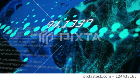 Image of data stream processing over blue world map and network waves on black background 124435165