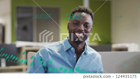 Image of data stream processing over happy african american casual businessman smiling at office Image of data stream processing over happy african american casual businessman smiling at office 124435175