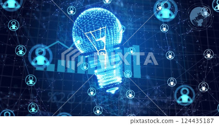 Image of network of connections with icons over lightbulb and diagrams Image of network of connections with icons over lightbulb and diagrams 124435187