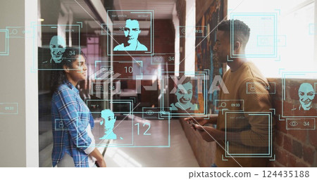Image of id profiles and processing data over diverse colleagues talking at casual office Image of id profiles and processing data over diverse colleagues talking at casual office 124435188