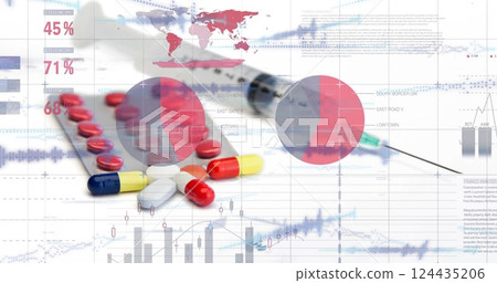 Medical data and statistics image over pills and syringe on white background 124435206