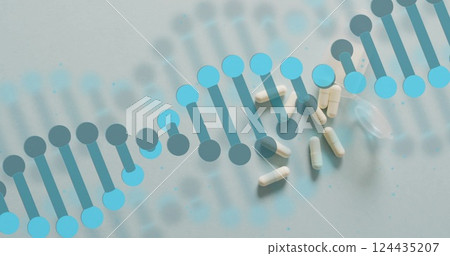 Image of blue dna strand over pills on grey background 124435207