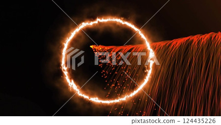 Image of orange light circle and flows moving on black background Image of orange light circle and flows moving on black background 124435226