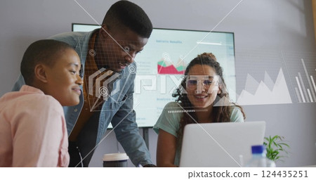 Image of financial data processing over diverse business people in office 124435251