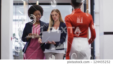 Image of financial data processing over diverse business people in office 124435252