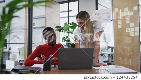 Image of financial data processing over diverse business people in office Image of financial data processing over diverse business people in office 124435254
