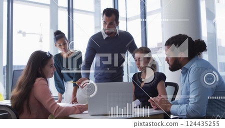 Image of financial data processing over diverse business people in office Image of financial data processing over diverse business people in office 124435255