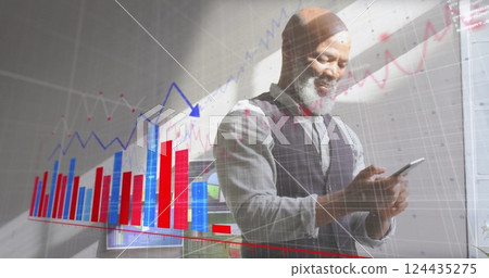 Image of financial data processing over african american businessman using smartphone 124435275