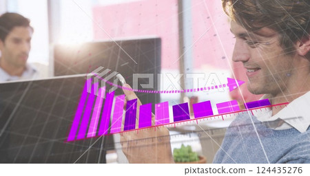 Image of financial data processing over caucasian businessman using smartphone 124435276