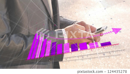 Image of financial data processing over caucasian businessman using smartphone Image of financial data processing over caucasian businessman using smartphone 124435278