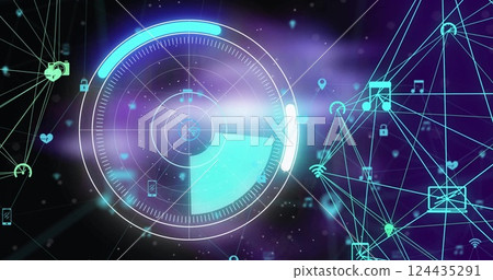 Image of scope scanning and network of connections with icons on black background 124435291