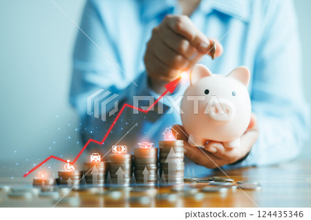 Businesswoman save money in piggy bank and goal and achievement chart graph and arrows. Funds loans and Investment profits. Concept of saving for insurance, health, education, house, car, tax, loan Businesswoman save money in piggy bank and goal and achievement chart graph and arrows. Funds loans and Investment profits. Concept of saving for insurance, health, education, house, car, tax, loan 124435346