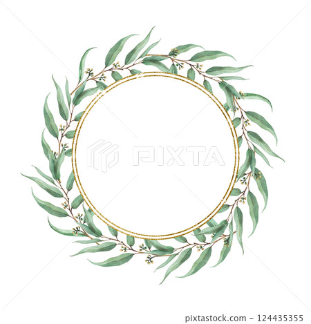 Eucalyptus seeded plant wreath. Watercolor golden circle frame with green branches, leaves and buds. Hand drawn illustration round template for wedding, greeting card Clipart isolated from background Eucalyptus seeded plant wreath. Watercolor golden circle frame with green branches, leaves and buds. Hand drawn illustration round template for wedding, greeting card Clipart isolated from background 124435355