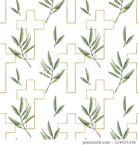 Golden Cross with green olive tree branch watercolor seamless pattern. Religious painted illustration. Gold framed cross. Clipart for christening, easter fabric, wallpaper on isolated white background Golden Cross with green olive tree branch watercolor seamless pattern. Religious painted illustration. Gold framed cross. Clipart for christening, easter fabric, wallpaper on isolated white background 124435356