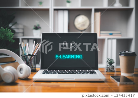 E-learning and online education for student and university concept. Laptop with inscription on screen e-learning, technology to carry out digital training course for student. e-learning on computer 124435417