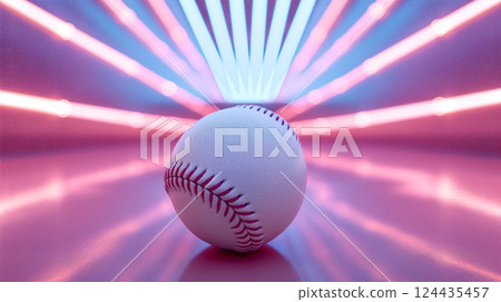 Baseball ball on wooden surface illuminated by colorful neon lights, sport background. Generative AI 124435457