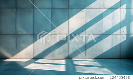 Sunlight Casting Shadows Across Concrete Wall in Modern Museum Interior. Generative AI 124435458