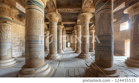 Ancient Egyptian temple interior with intricately carved columns and walls. Generative AI 124435515