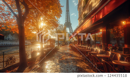Paris Cafe With Eiffel Tower View. Generative AI Paris Cafe With Eiffel Tower View. Generative AI 124435518