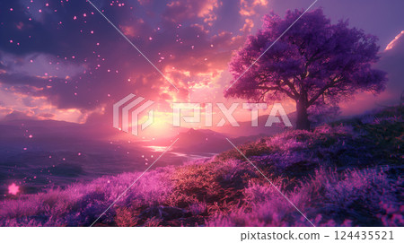 Serene sunset over tranquil lake with blossoming pink tree nearby, magic background. Generative AI 124435521