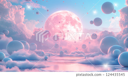 Breathtaking sunset with pink and blue sky and white clouds over calm water. Generative AI 124435545