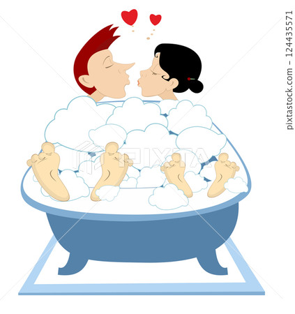 Love couple rendezvous in the bath. Heart symbols. Young man and woman take a bath and kiss one another. White background Love couple rendezvous in the bath. Heart symbols. Young man and woman take a bath and kiss one another. White background 124435571