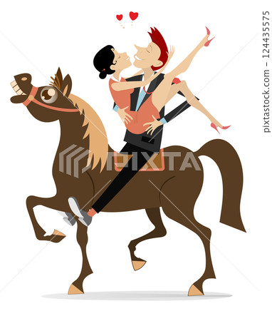 Happy man and woman ride a horse. Love couple rendezvous. Happy young man with woman on the hands ride a horse. Isolated on white background Happy man and woman ride a horse. Love couple rendezvous. Happy young man with woman on the hands ride a horse. Isolated on white background 124435575