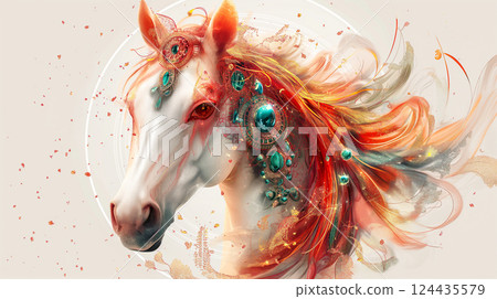 Adorable festive horse with floral motifs symbol of 2026 Chinese new year background. Generative AI 124435579