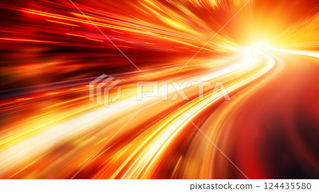 Dynamic motion background with red and yellow light streaks on winding road at night. Generative AI 124435580