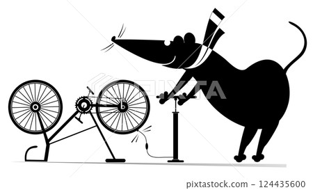 Cycling rat or mouse and a broken bicycle.  Cartoon rat or mouse inflates the wheel of the bicycle. Sportsperson repairs the bicycle. Black and white illustration 124435600