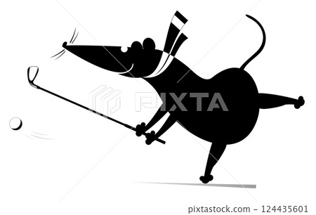 Cartoon rat or mouse plays golf. Funny rat or mouse tries to do a good shot. Black and white illustration Cartoon rat or mouse plays golf. Funny rat or mouse tries to do a good shot. Black and white illustration 124435601