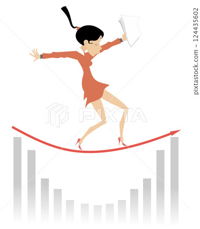 Businesswoman balances on the arrow.  Business concept illustration. Businesswoman with papers in the hand balances on the arrow. White background 124435602