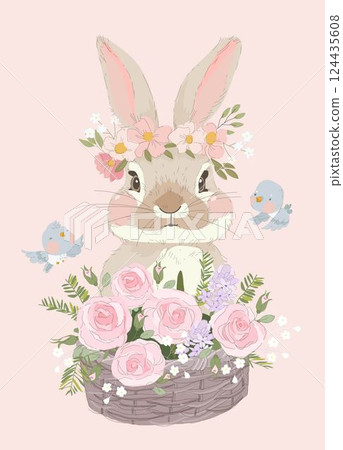 Happy Easter Greeting Card with Cute Bunny and Flowers 124435608
