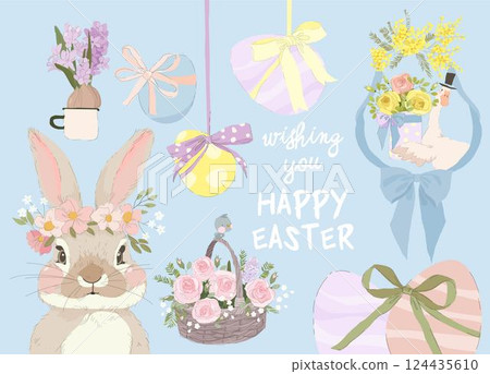 Happy Easter Set with Cute Bunny and Easter Elements 124435610