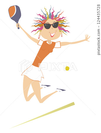 Happy young woman playing pickleball.  Pickleball court. Jumping girl happy to make a good shot. Isolated on white background 124435728