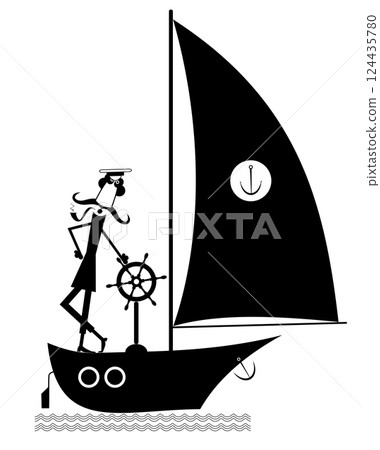 Brave captain sails of the yacht. Sailing boat. Funny brave captain sails the yacht and smokes a pipe 124435780