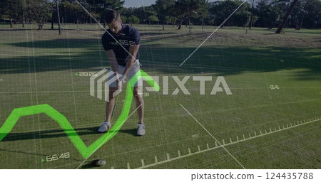 Image of digital data processing over caucasian male golf player on golf course Image of digital data processing over caucasian male golf player on golf course 124435788