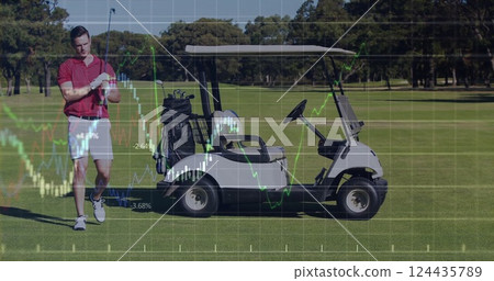 Image of digital data processing over caucasian male golf player on golf course 124435789